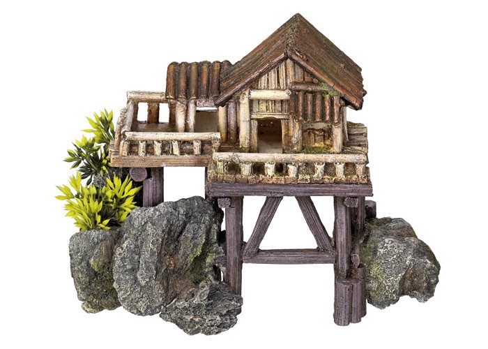 Ornament pentru acvariu | 'WOODEN HOUSE' - cu plante | L23 X W12,3 X H1