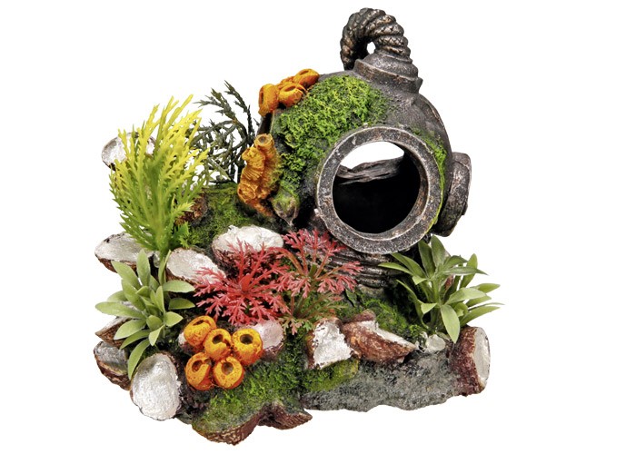 Ornament pentru acvariu | 'HELMET' cu plante | L13,5 X W11 X H12 CM