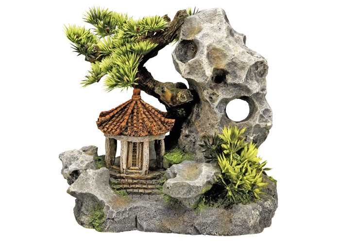 Ornament pentru acvariu | 'TEMPLE ON CLIFF' cu plante | L19 X W13 X H17