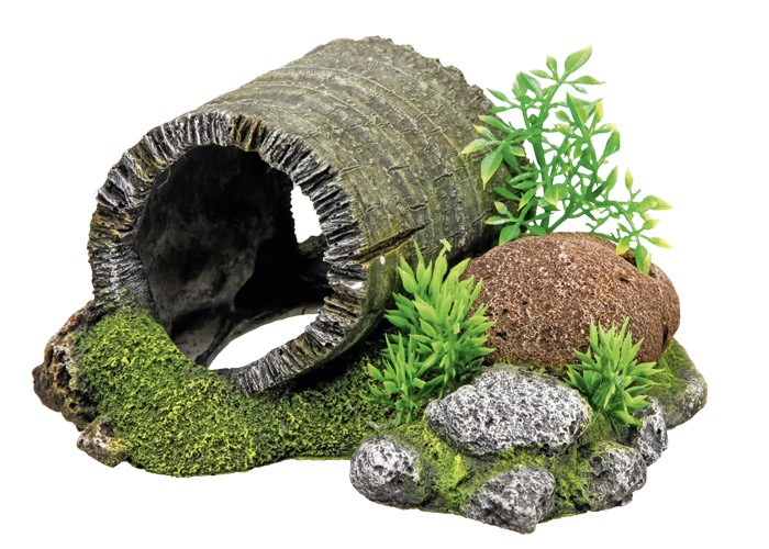 Ornament pentru acvariu | 'TUNEL DIN LEMN' cu plante | L18,5 X W15,5 X H9