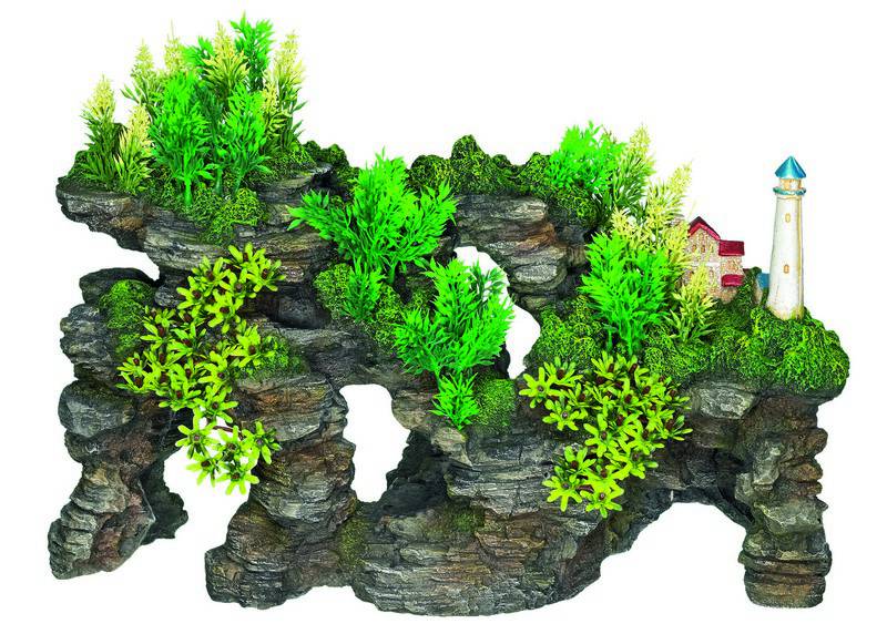 Ornament pentru acvariu 'FARUL' - cu plante | L45 X W17 X
