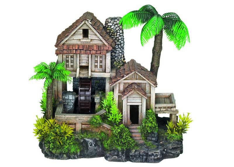 Ornament pentru acvariu | 'WOODEN HOUSE'- cu plante | L24,5 X W18 X H