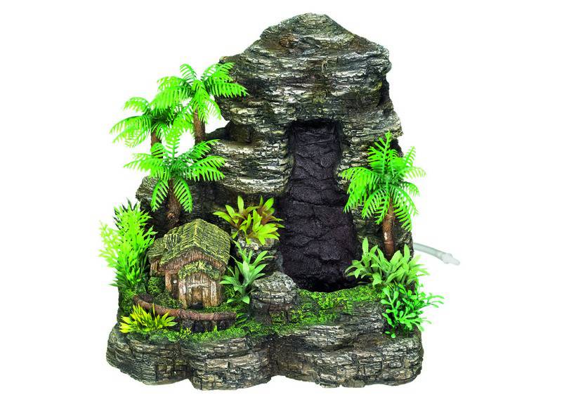 Ornament pentru acvariu | MOUNTAIN WITH HOUSE cu plante | L22,5 X W1