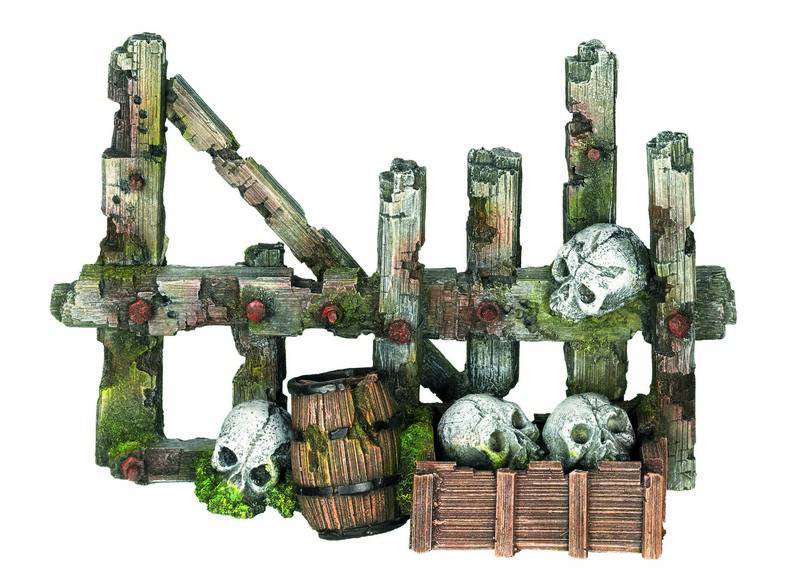 Ornament pentru acvariu | WOODEN FENCE WITH SCULL AND BARREL