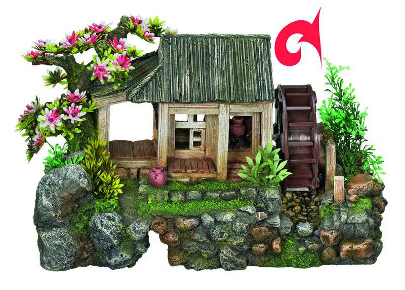 Ornament pentru acvariu | 'HOUSE WITH WATER WHEEL' - cu plante | L35 X