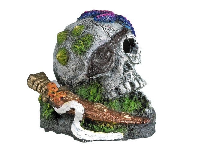 Ornament pentru acvariu | 'SCULL WITH STARFISH' | L7,5 X W7,7 X H6,7 CM