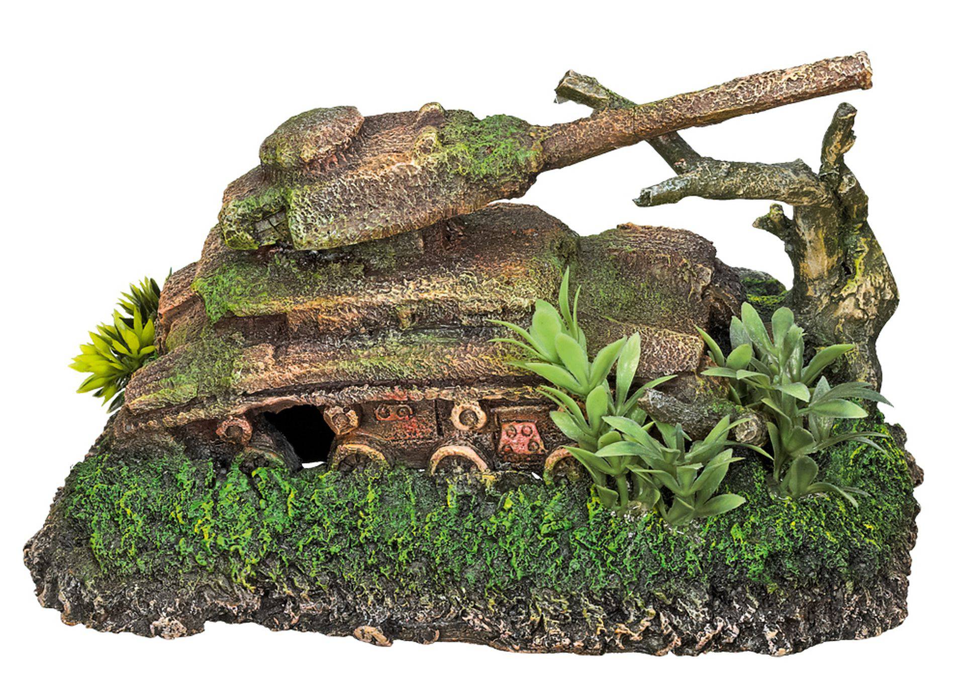 Ornament pentru acvariu | BATTLE-TANK cu plante | L20,0 X W14,0 X H12,