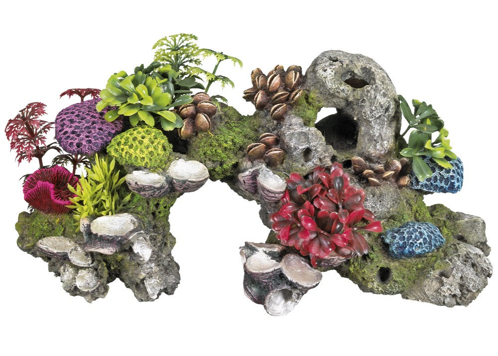 Ornament pentru acvariu | 'CORAL' cu plante | 28,0 x 12,0 x 13,5 cm