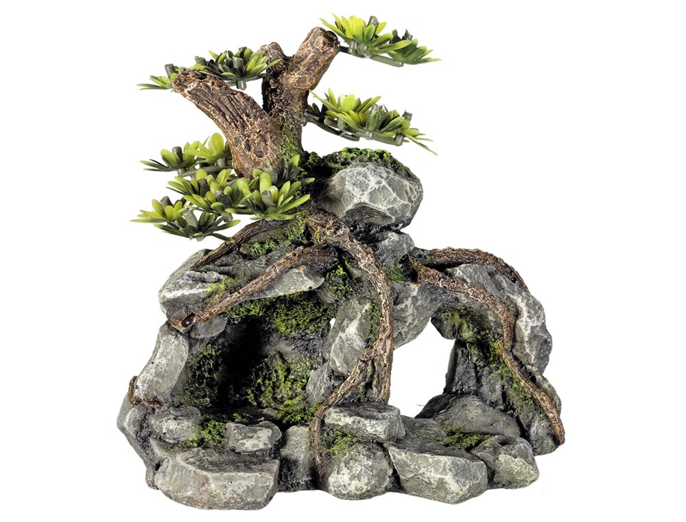 Ornament pentru acvariu 'ROCK CAVE' cu plante | 13,3 x 9,5 x 12,8"