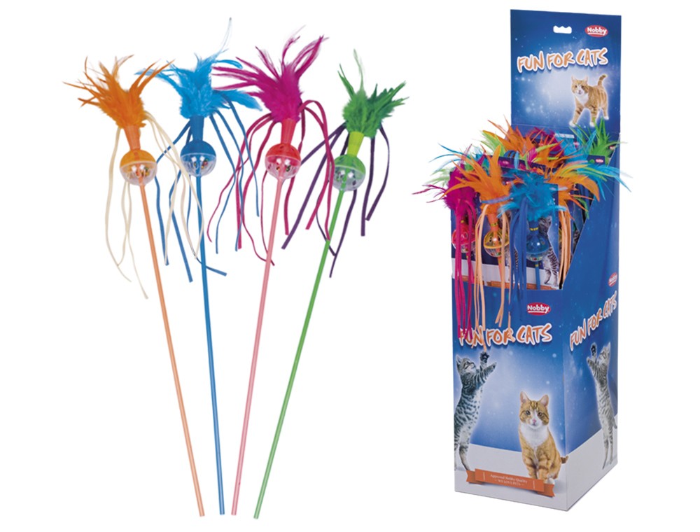 Băț cu mingea zornăitoare și jucărie din pene, expunere asortată 18 buc pentru pisici