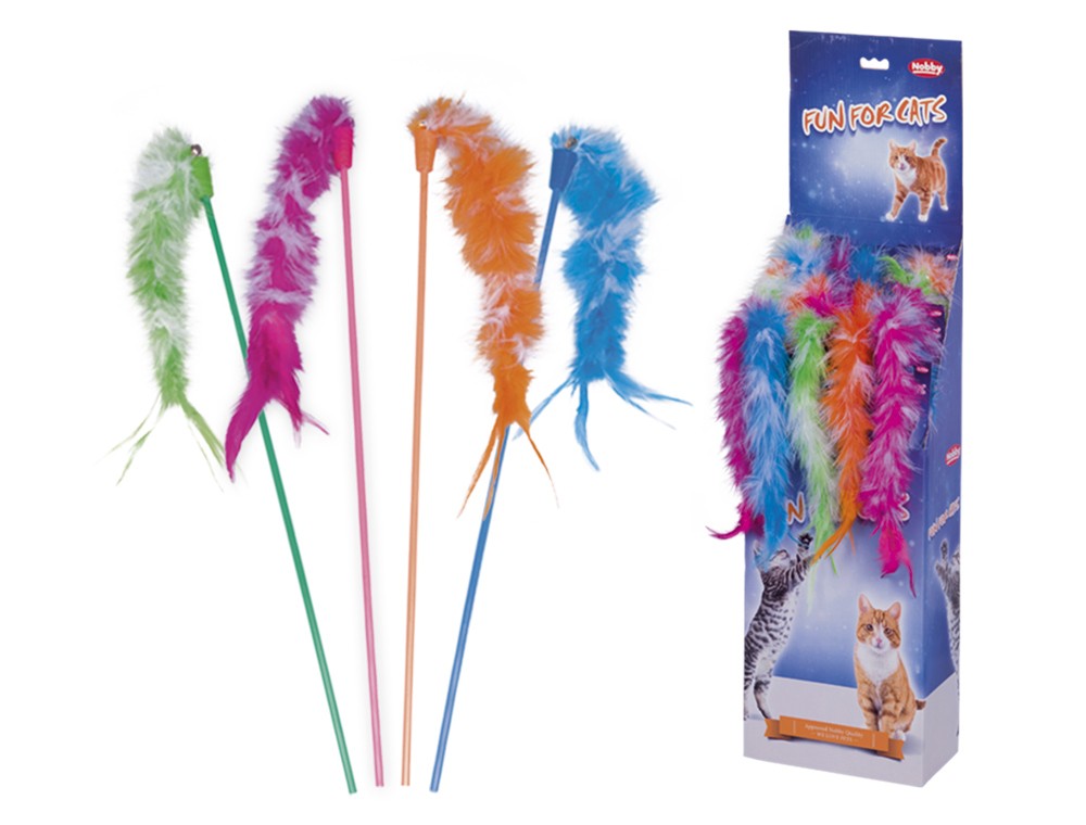 Băț cu jucărie din pene, expunere asortată 18 buc, băț 45 cm + 24