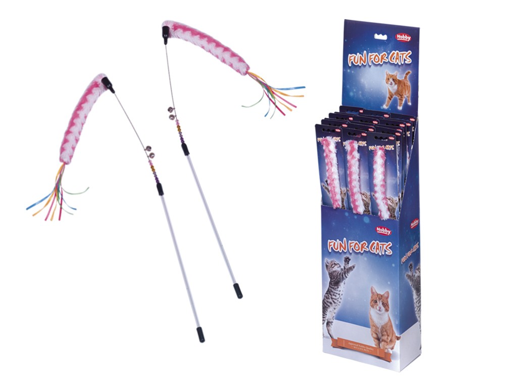 Undiță cu jucărie din plus pentru pisici | Display 18 buc. | băț 25 cm, fir cu jucărie 57 cm