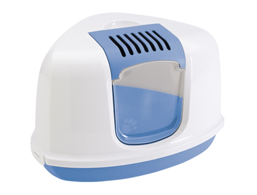 Litiera pentru pisici 'NESTOR CORNER' | albastru / alb | 58,5 X 45,5 X 40