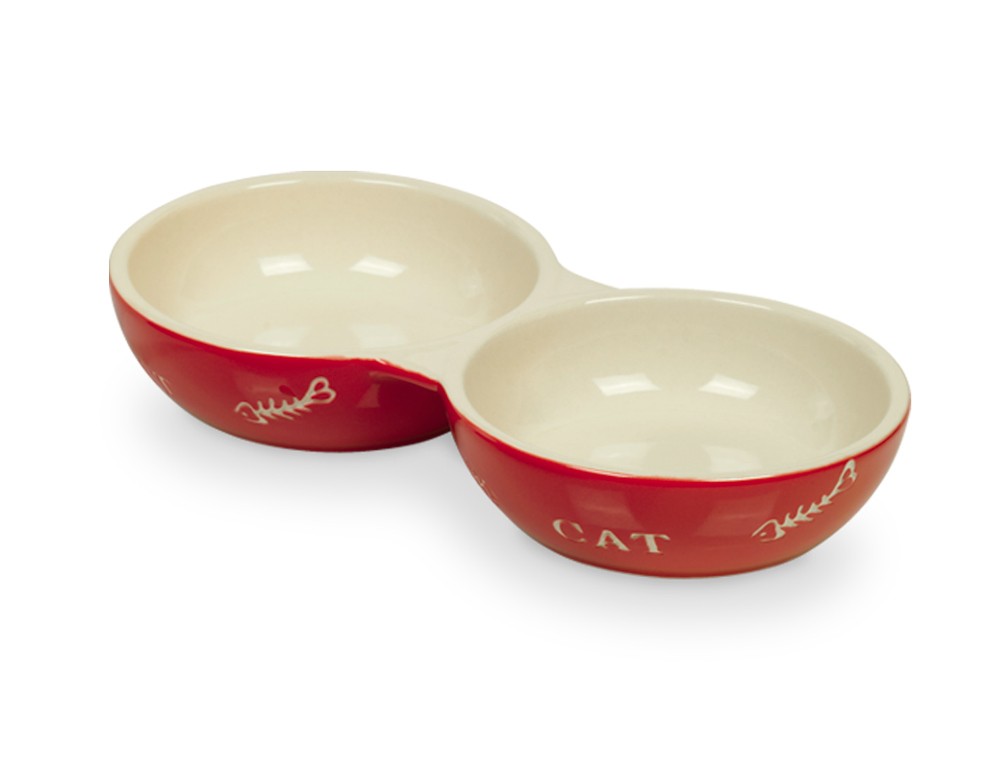 Castron dublu din ceramică 'CAT' | roșu/bej | 22 X 11,5 X 3,5