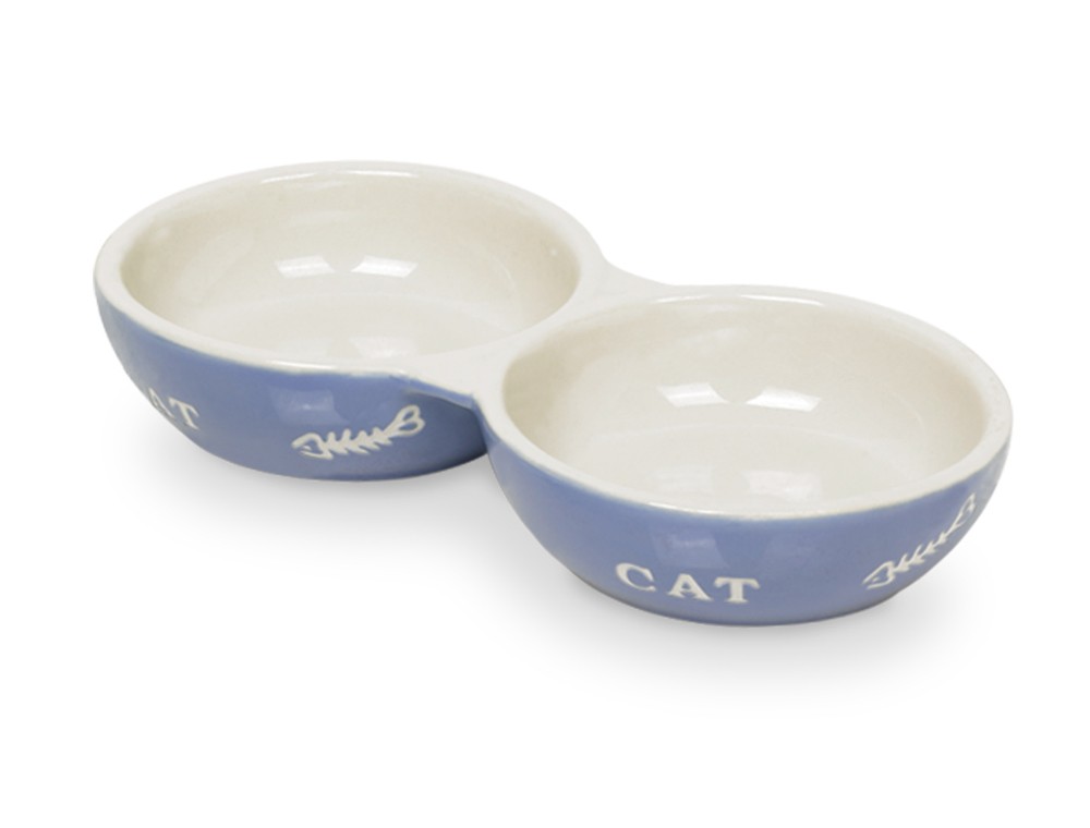 Castron dublu din ceramică 'CAT' | albastru deschis/bej | 22 X 11,5