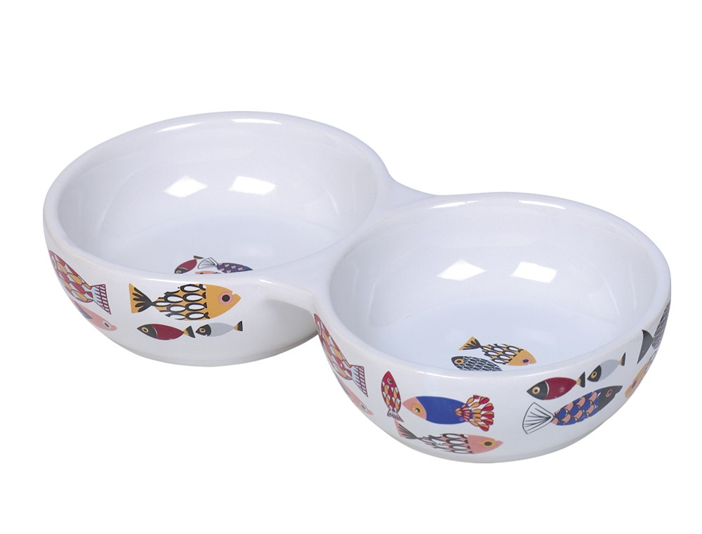 Castron dublu din ceramica pentru pisici 'FISH' | gri | 22,0 x 4,0 cm, 2 x 0,13 l