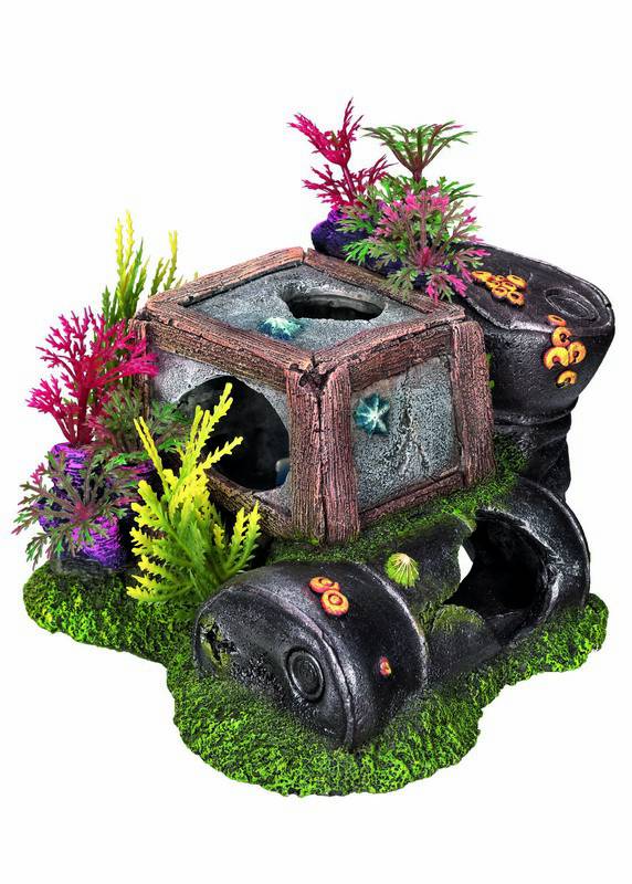 Ornament pentru acvariu | 'DRUM & BOX' - cu plante | L15,2 X W14,5 X H9