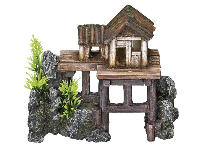 Ornament pentru acvariu | 'WOODEN HOUSE' - cu plante | L15,5 X W8 X H12