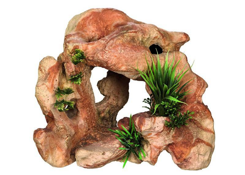 Ornament pentru acvariu 'ROCA LAVICA' - cu plante | L28,5 X W18,5 X H24