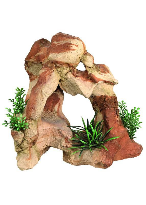 Ornament pentru acvariu 'ROCA LAVICA' - cu plante | L22,5 X W16 X H21,8