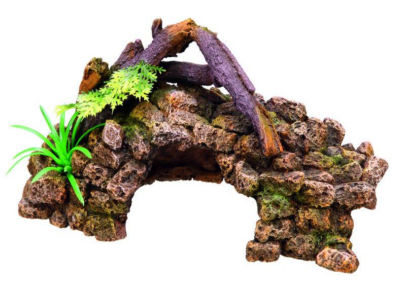 Ornament pentru acvariu | 'STONE CAVE' cu plante | L19,2 X W10 X H11