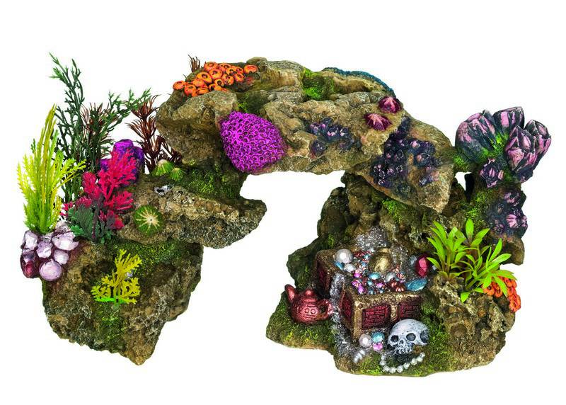 Ornament pentru acvariu | ROCK CU COMOARA - cu plante | L31,5 X W13