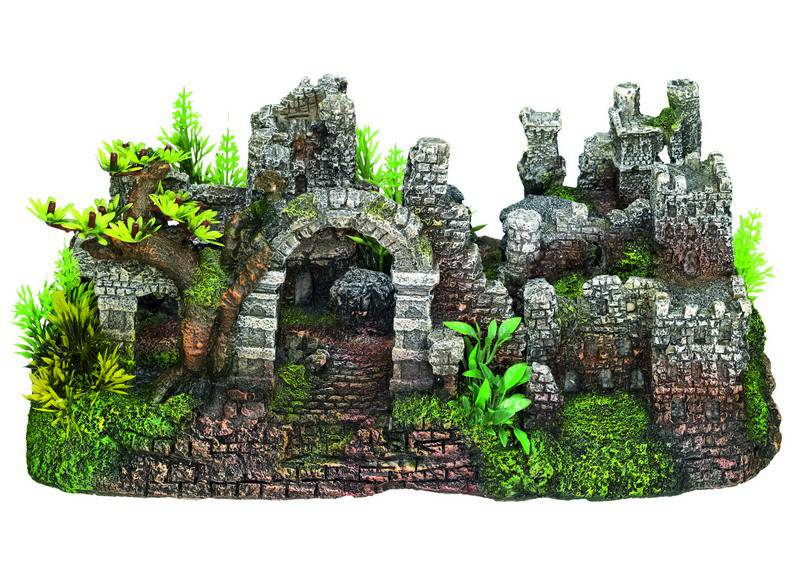Ornament pentru acvariu | CASTLE RUIN - cu plante | L32,5 X W19,5 X H1