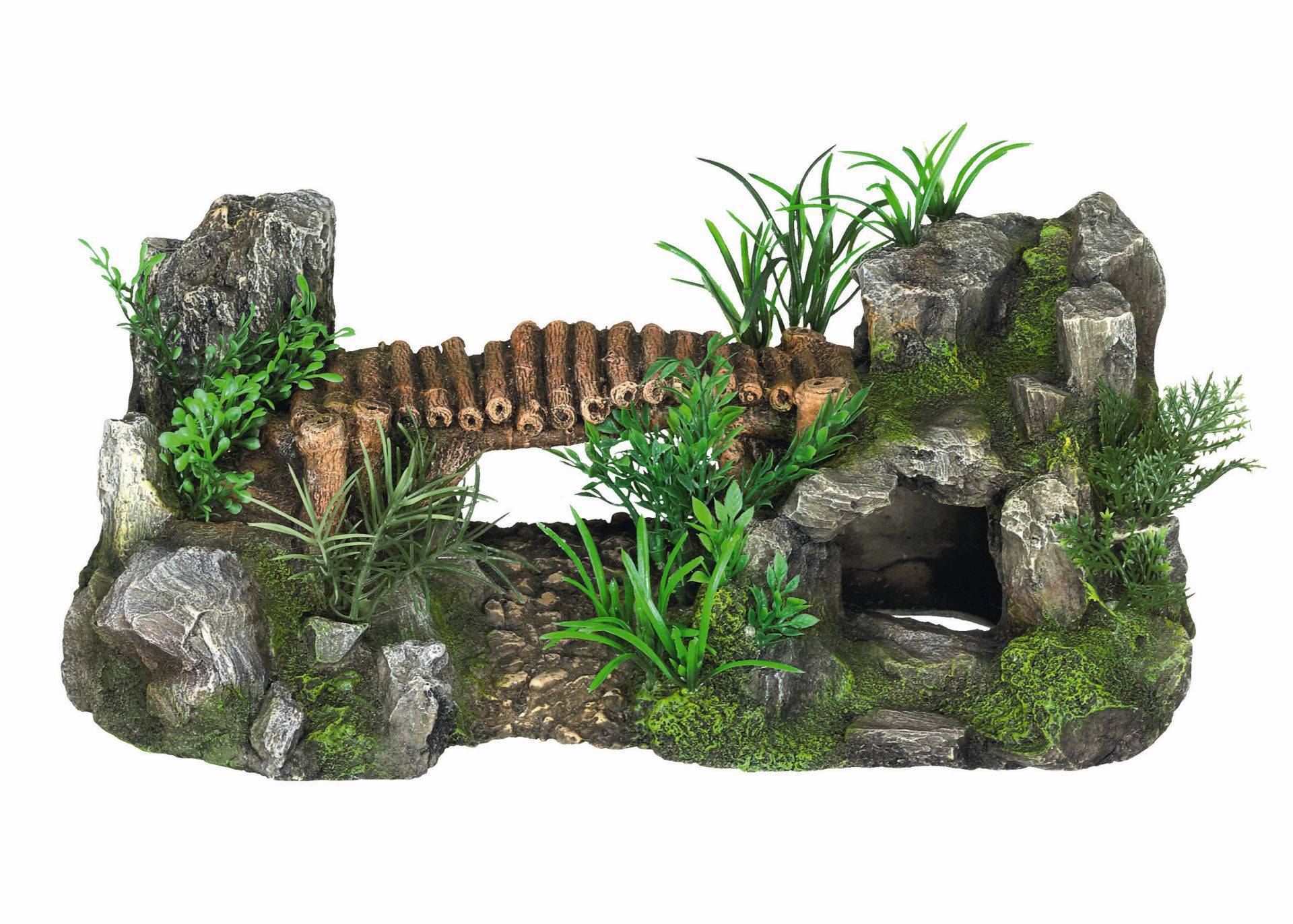 Ornament pentru acvariu | 'WOODEN BRIDGE' - cu plante | L31,3 X W17 X H1