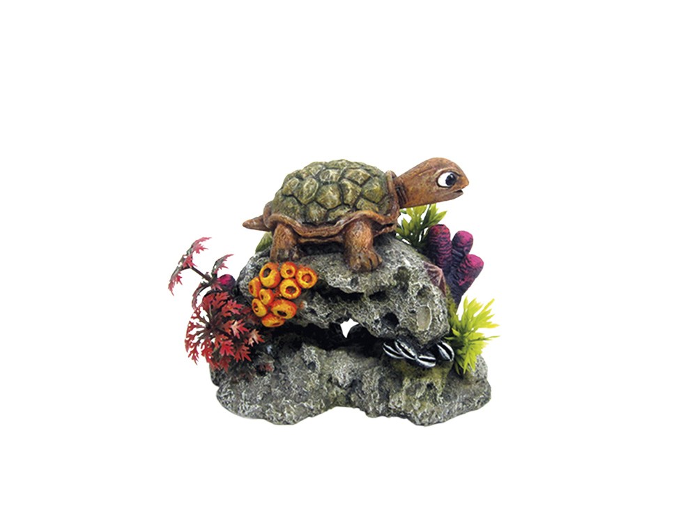 Ornament pentru acvariu 'TURTLE ON ROCK' cu plante | 13,5 x 8,5 x 10,7 cm