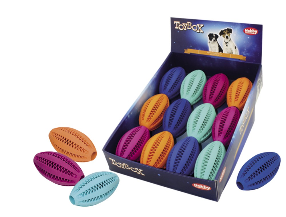Rugby din cauciuc, culori asortate, display 12 PCS.; 11 CM pentru păsări