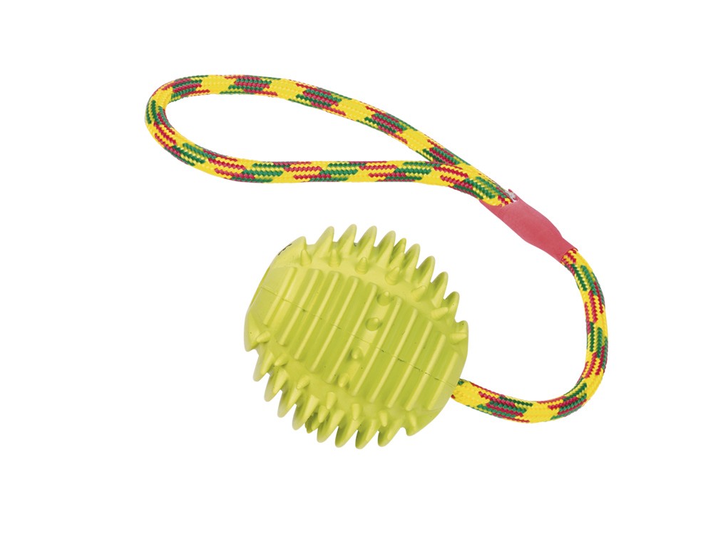 Minge din cauciuc cu franghie | Minge: 7,5 cm | Franghie: 30 cm | verde