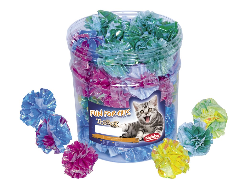 Cutie de jucării pentru pisici | 48 buc. | Ø 4,5 cm | mingi din material | culori asortate