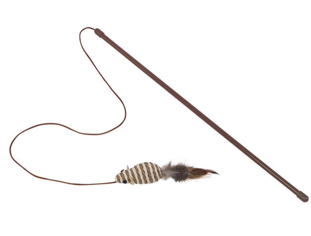 Băț cu șoarece zornăitor cu pene, băț 45 cm; șoarece 7 cm pentru pisici