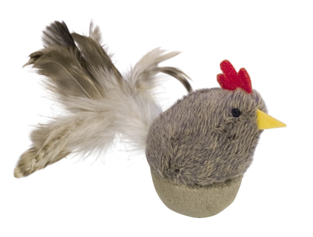 Jucărie pentru pisici 'Pui acrobat din plus' | cu pene & catnip | 8 cm