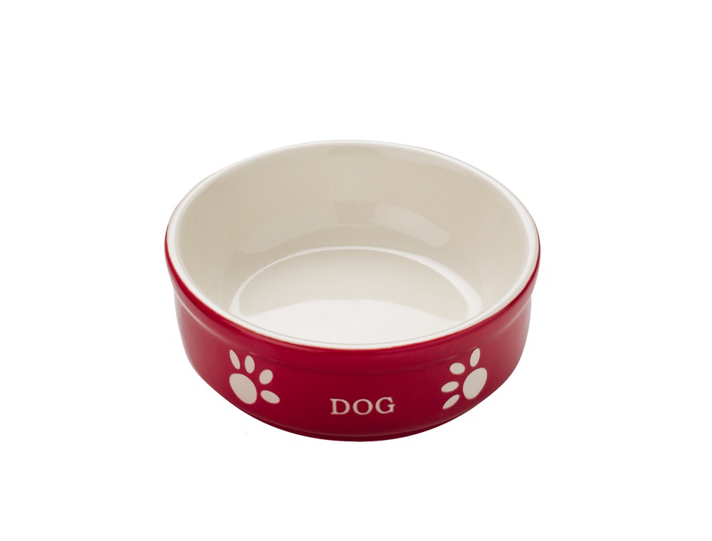 Castron din ceramică 'DOG' | roșu/bej | 13,5 X 13,5 X 5 CM