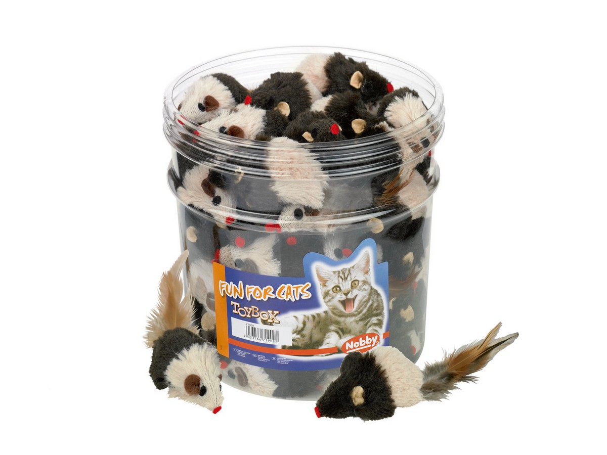 Cutie cu jucării pentru pisici, șoarece din pluș, tub maro-bej 64 PCS., 7 CM