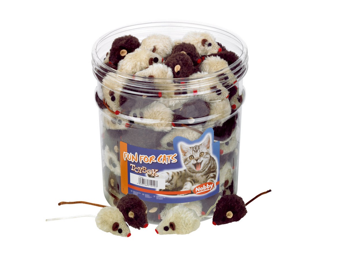 Cutie cu jucării pentru pisici, șoarece din pluș, tub maro și bej 144 PCS., 5 CM