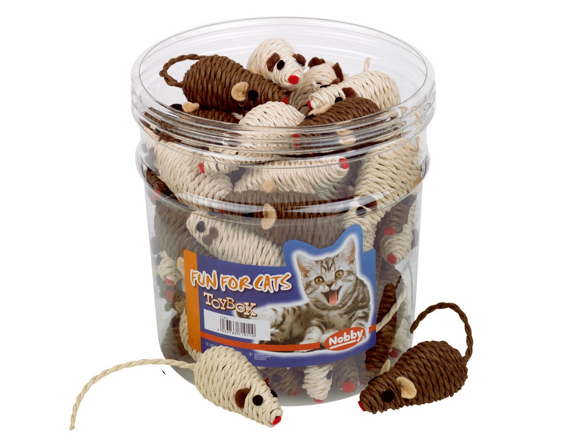 Cutie cu jucării pentru pisici, șoarece din sisal maro și bej tub 45 PCS., 7 CM