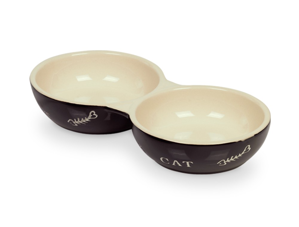 Castron dublu din ceramică 'CAT' | negru/bej | 22 X 11,5 X 3,5 pentru pisici