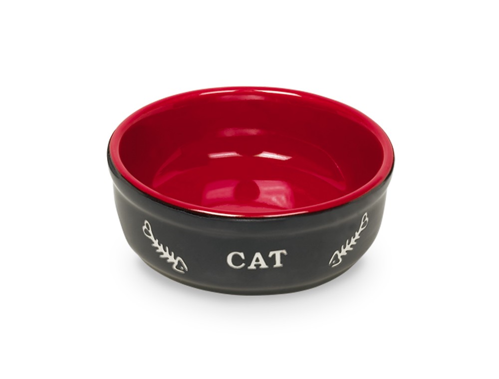 Bol din ceramică 'CAT' | negru/rosu | Ø 13,5 X 5 CM pentru pisici