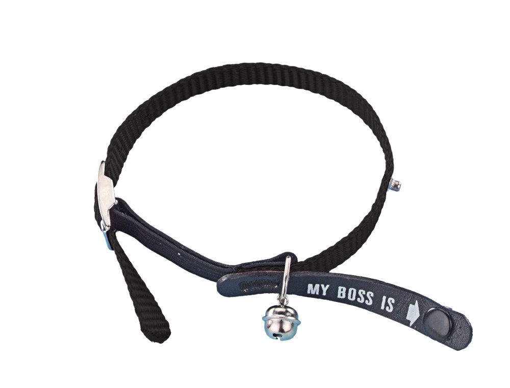 Zgarda cu adresier 'MY BOSS IS' nylon | negru ; L: 20 - 30 cm; B: 10 mm