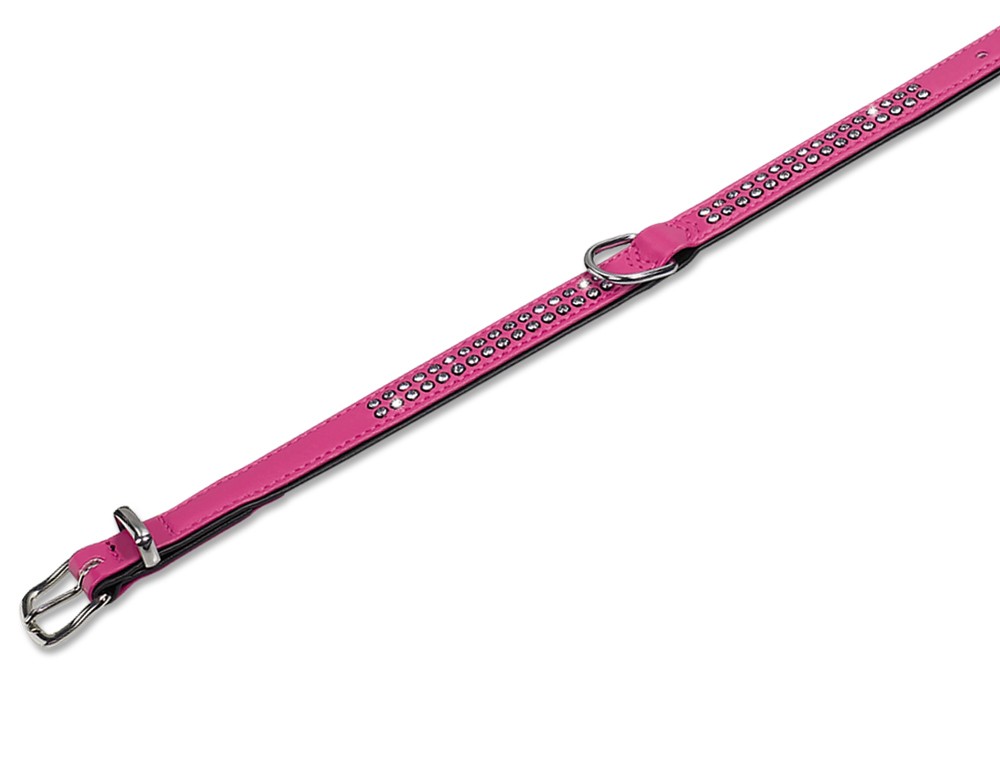 Zgarda pentru câini 'CRYSTAL' | 2 rânduri cristale Swarovski | fuchsia/negru | 42 CM (32-37 CM)