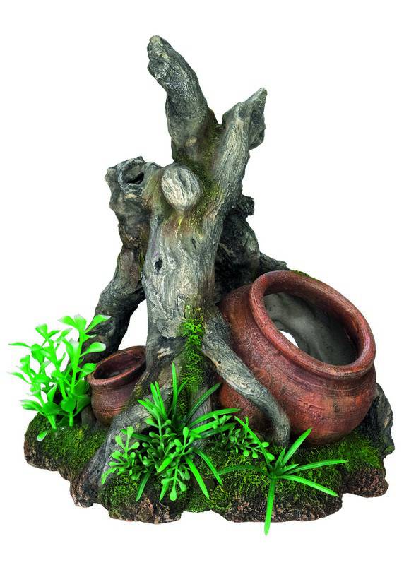 Accesorii pesti | Ornament pentru acvariu | "WOOD WITH JAR" cu plante | L17,5 X W20 X H