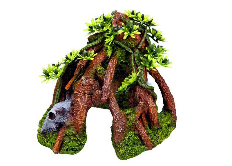 Accesorii pesti | Ornament pentru acvariu | "MANGROVE WITH SCULL" cu plante | L17,5 X W