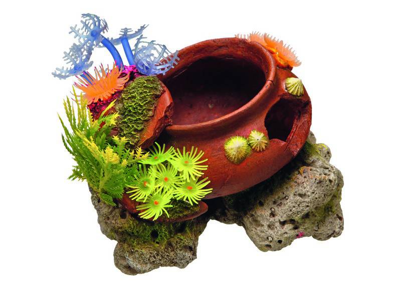 Accesorii pesti | Ornament pentru acvariu | "POT" cu plante | L16,5 X W11,5 X H13,5 CM