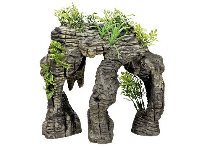 Accesorii pesti | Ornament pentru acvariu | "STONE" cu plante | L24,5 X W14 X H25 CM