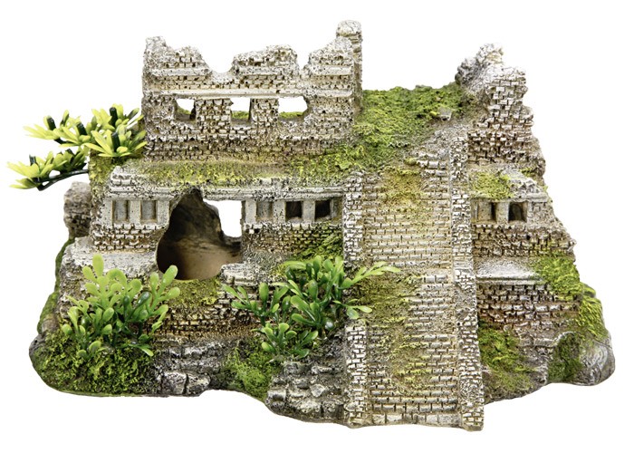 Accesorii pesti | Ornament pentru acvariu | "MAYA RUIN" cu plante | L21,5 X W14,5 X H11,5