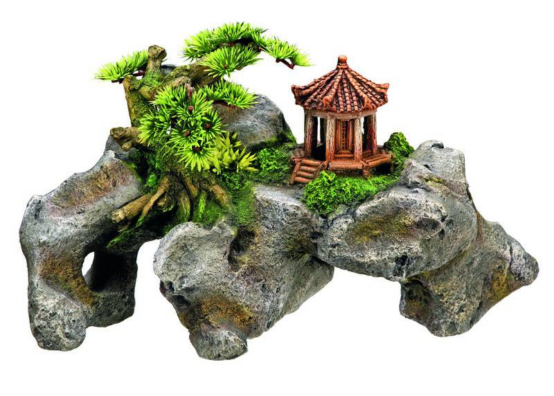 Accesorii pesti | Ornament pentru acvariu | "STONE WITH TEMPLE AND TREE" | L37 X W15 X H2