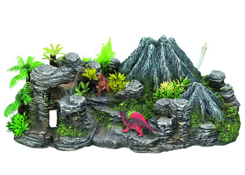 Accesorii pesti | Ornament pentru acvariu | "VOLCANO WITH DINOSAURS"- cu plante | L33 X W