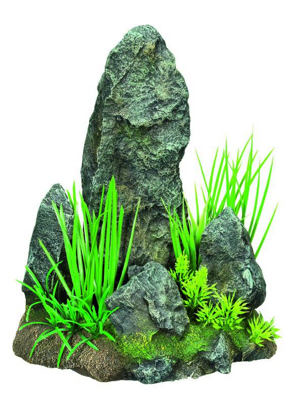 Accesorii pesti | Ornament pentru acvariu | "ROCKS" - cu plante | L21 X W13,5 X H20,5 CM